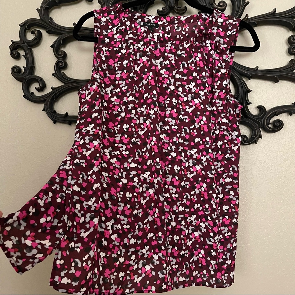 Talbots Sleeveless Top Confetti Print on Burgundy Tie Ruffle Neckline Size M - Picture 2 of 15